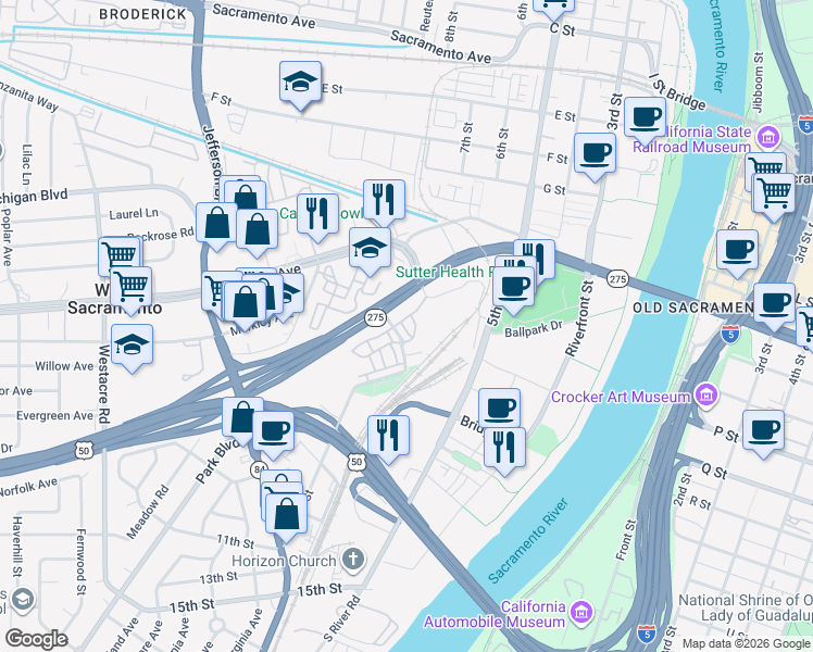 map of restaurants, bars, coffee shops, grocery stores, and more near 801 Forge Court in West Sacramento