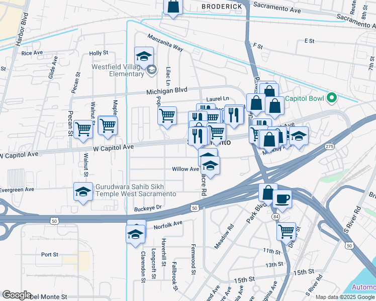 map of restaurants, bars, coffee shops, grocery stores, and more near 1721 West Capitol Avenue in West Sacramento