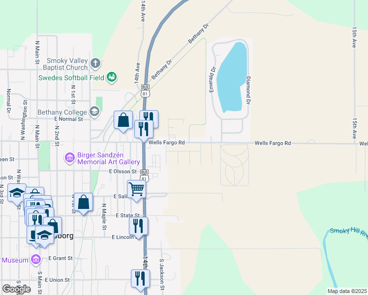 map of restaurants, bars, coffee shops, grocery stores, and more near 601-685 East Swensson Avenue in Lindsborg