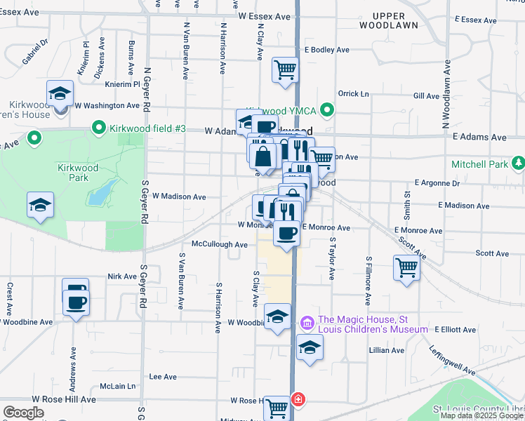 map of restaurants, bars, coffee shops, grocery stores, and more near 131 West Madison Avenue in Kirkwood