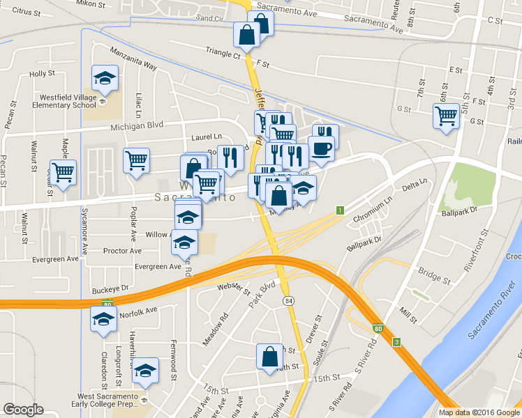 map of restaurants, bars, coffee shops, grocery stores, and more near 829 Jefferson Blvd in West Sacramento