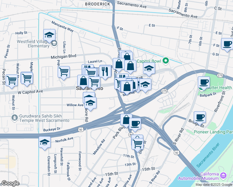 map of restaurants, bars, coffee shops, grocery stores, and more near 830 Jefferson Boulevard in West Sacramento