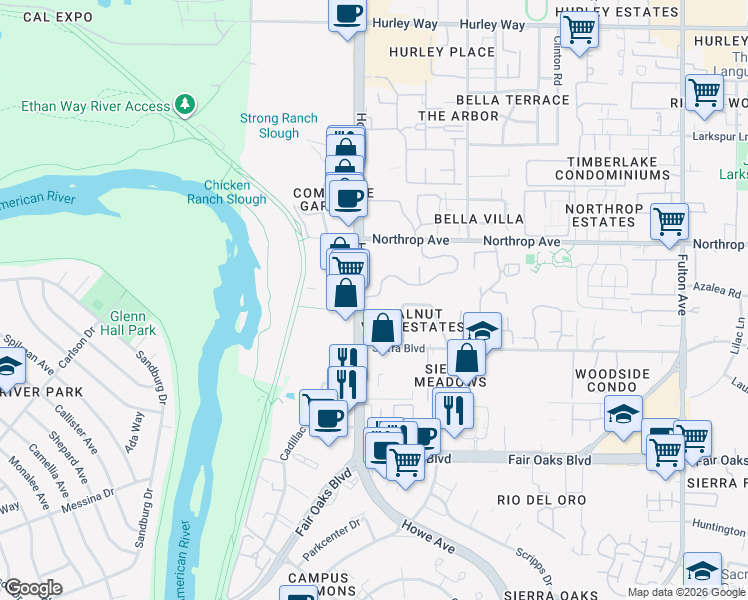map of restaurants, bars, coffee shops, grocery stores, and more near 2229 Woodside Lane in Sacramento