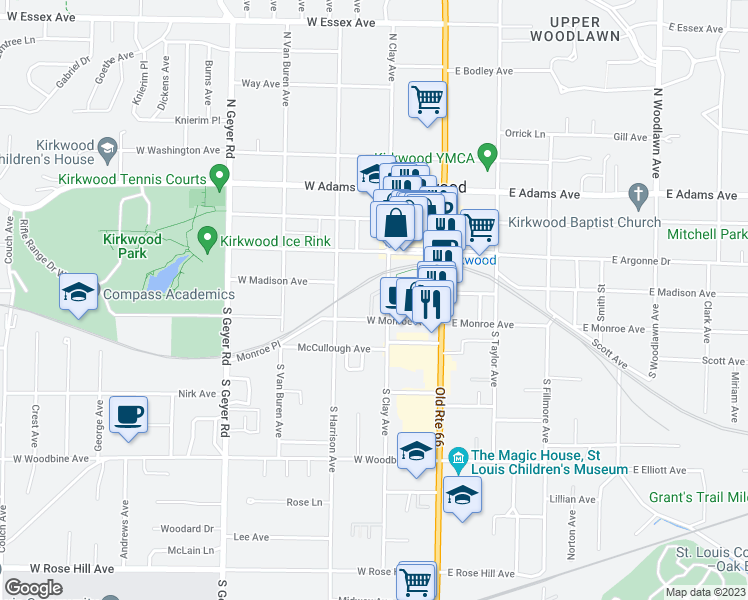 map of restaurants, bars, coffee shops, grocery stores, and more near 207 Monclay Court in Kirkwood