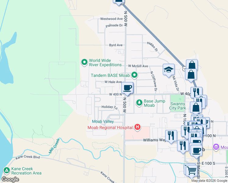 map of restaurants, bars, coffee shops, grocery stores, and more near 650 West 400 North in Moab