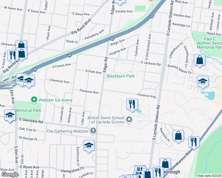 map of restaurants, bars, coffee shops, grocery stores, and more near 527 Florence Avenue in Webster Groves