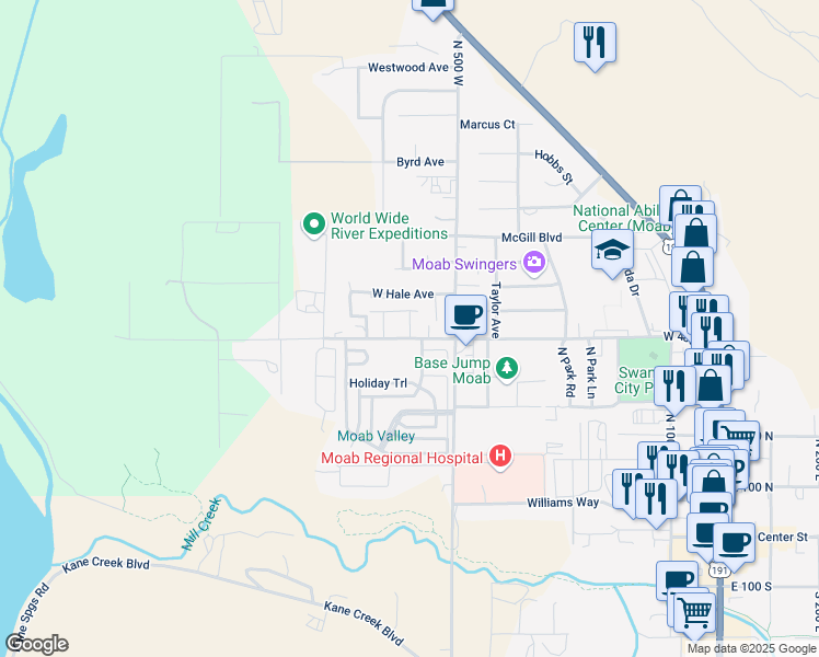 map of restaurants, bars, coffee shops, grocery stores, and more near 420 North 600 West in Moab