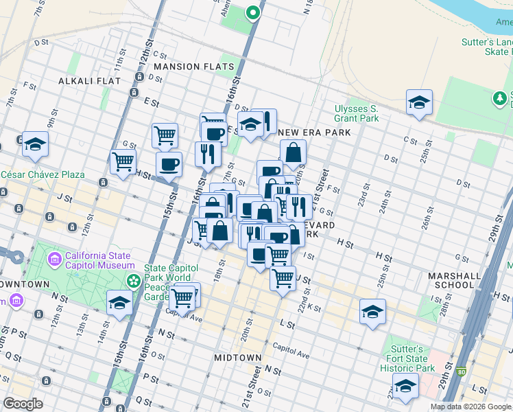 map of restaurants, bars, coffee shops, grocery stores, and more near 1823 H Street in Sacramento