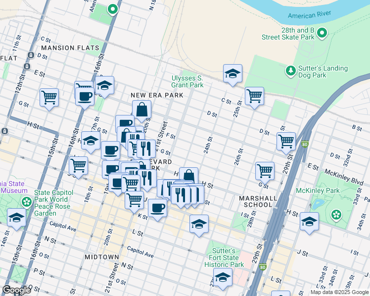 map of restaurants, bars, coffee shops, grocery stores, and more near 2220 F Street in Sacramento
