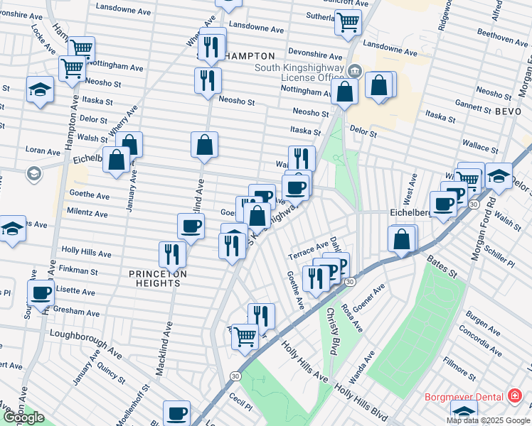 map of restaurants, bars, coffee shops, grocery stores, and more near 5102 Rosa Avenue in St. Louis
