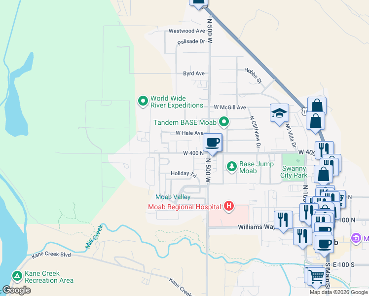 map of restaurants, bars, coffee shops, grocery stores, and more near 650 West 400 North in Moab