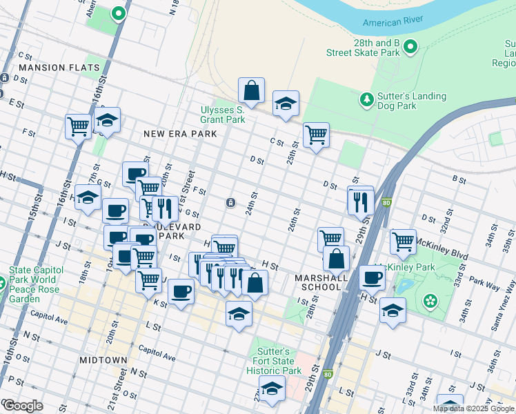map of restaurants, bars, coffee shops, grocery stores, and more near 514 25th Street in Sacramento