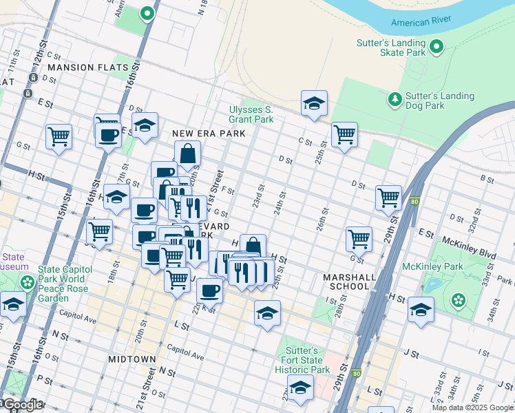 map of restaurants, bars, coffee shops, grocery stores, and more near 2220 F Street in Sacramento