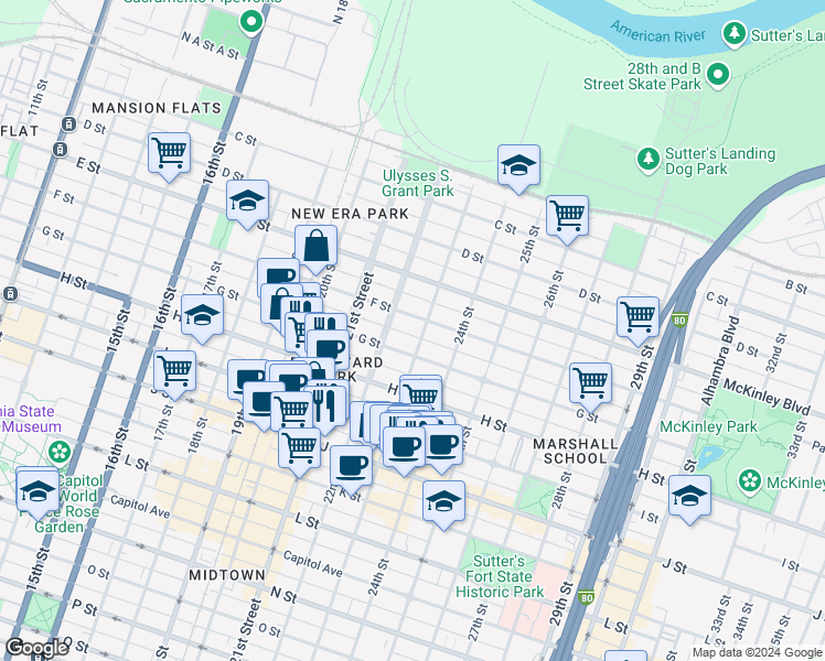map of restaurants, bars, coffee shops, grocery stores, and more near 2220 F Street in Sacramento