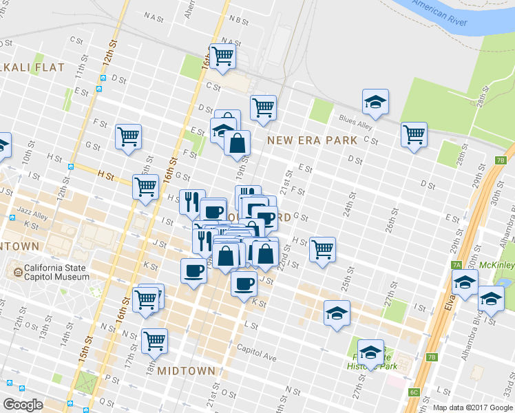 map of restaurants, bars, coffee shops, grocery stores, and more near 1931 H Street in Sacramento