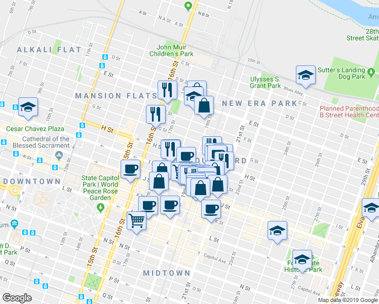 map of restaurants, bars, coffee shops, grocery stores, and more near 1820 G Street in Sacramento
