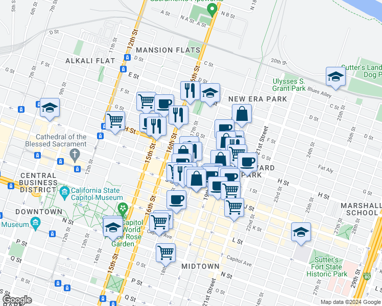 map of restaurants, bars, coffee shops, grocery stores, and more near 1725 H Street in Sacramento