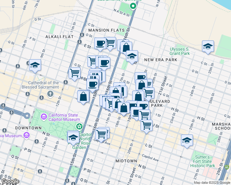 map of restaurants, bars, coffee shops, grocery stores, and more near 1622 H Street in Sacramento