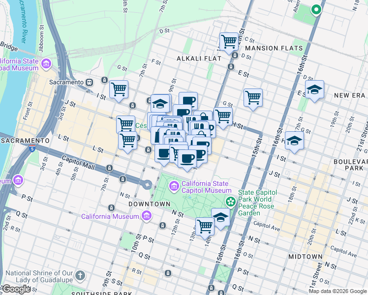 map of restaurants, bars, coffee shops, grocery stores, and more near 1024 J Street in Sacramento