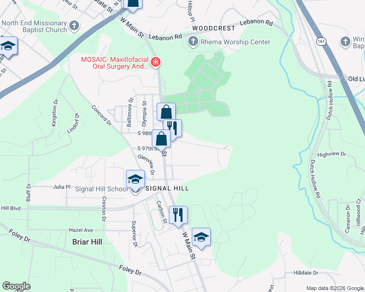 map of restaurants, bars, coffee shops, grocery stores, and more near 24 North 98th Street in Belleville
