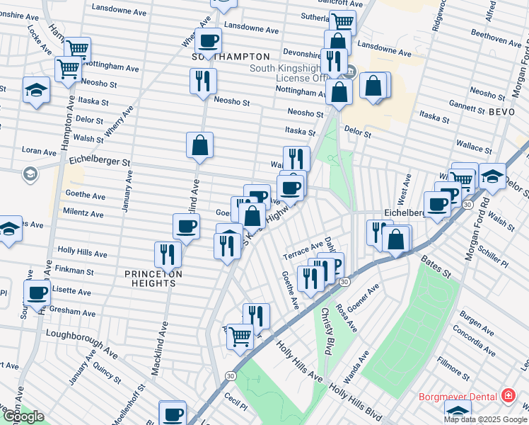 map of restaurants, bars, coffee shops, grocery stores, and more near 5509 South Kingshighway Boulevard in St. Louis