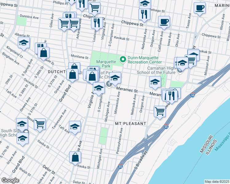 map of restaurants, bars, coffee shops, grocery stores, and more near 3112 Meramec Street in St. Louis