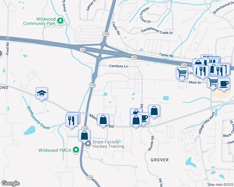 map of restaurants, bars, coffee shops, grocery stores, and more near 16989 Grover Springs Drive in Wildwood