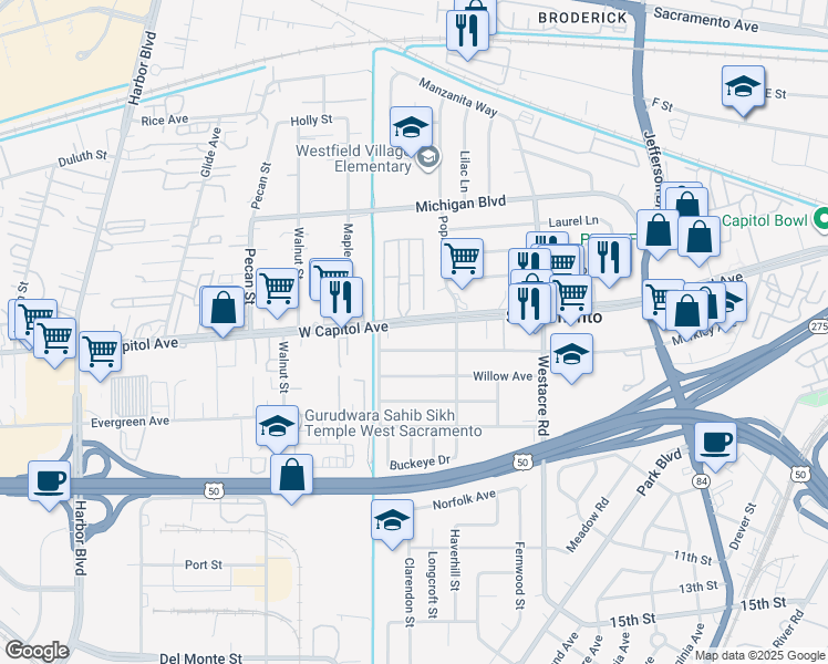 map of restaurants, bars, coffee shops, grocery stores, and more near 2007 West Capitol Avenue in West Sacramento