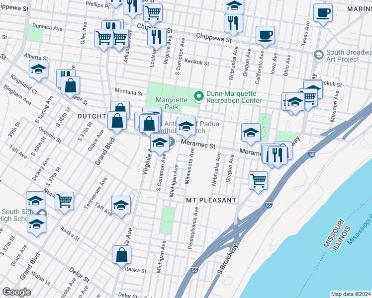 map of restaurants, bars, coffee shops, grocery stores, and more near 3112 Meramec Street in Saint Louis