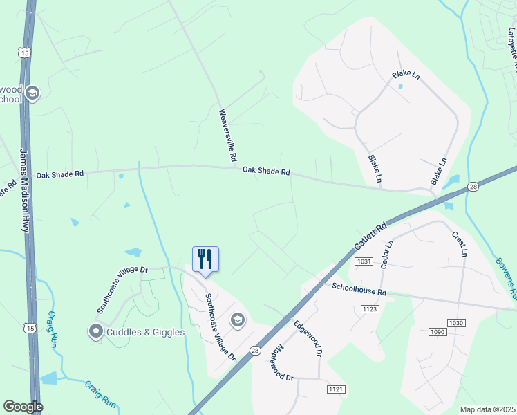 map of restaurants, bars, coffee shops, grocery stores, and more near 2087 Springvale Drive in Bealeton