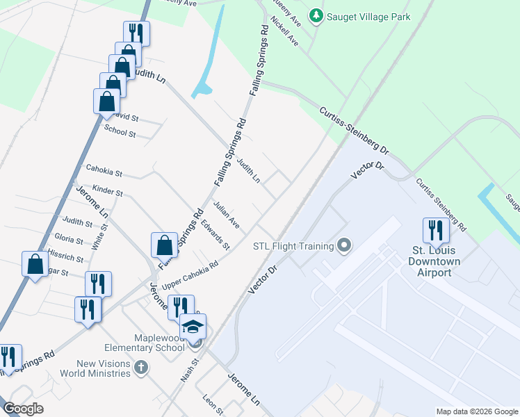 map of restaurants, bars, coffee shops, grocery stores, and more near 1519 Upper Cahokia Road in Cahokia