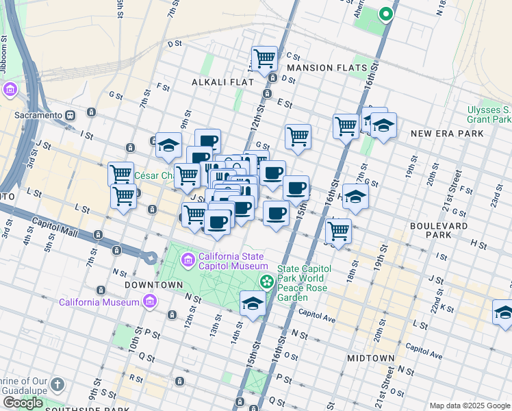 map of restaurants, bars, coffee shops, grocery stores, and more near Improv Alley in Sacramento
