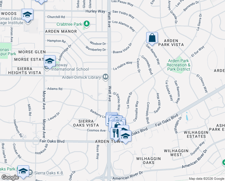 map of restaurants, bars, coffee shops, grocery stores, and more near 830 Watt Avenue in Sacramento