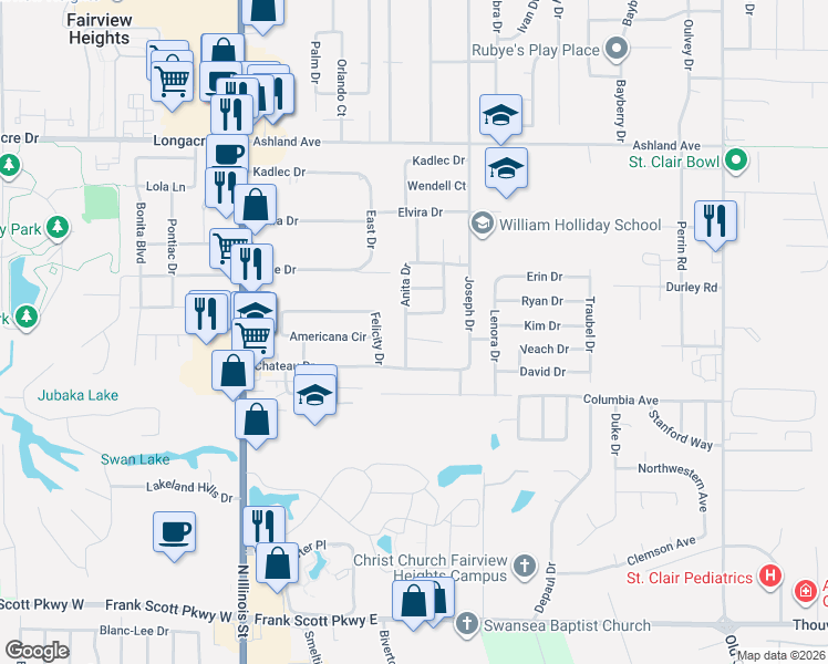 map of restaurants, bars, coffee shops, grocery stores, and more near 536 Lemans Way in Fairview Heights