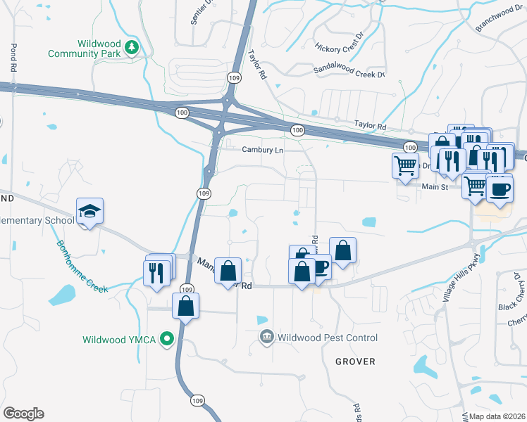map of restaurants, bars, coffee shops, grocery stores, and more near 16989 Grover Springs Drive in Wildwood