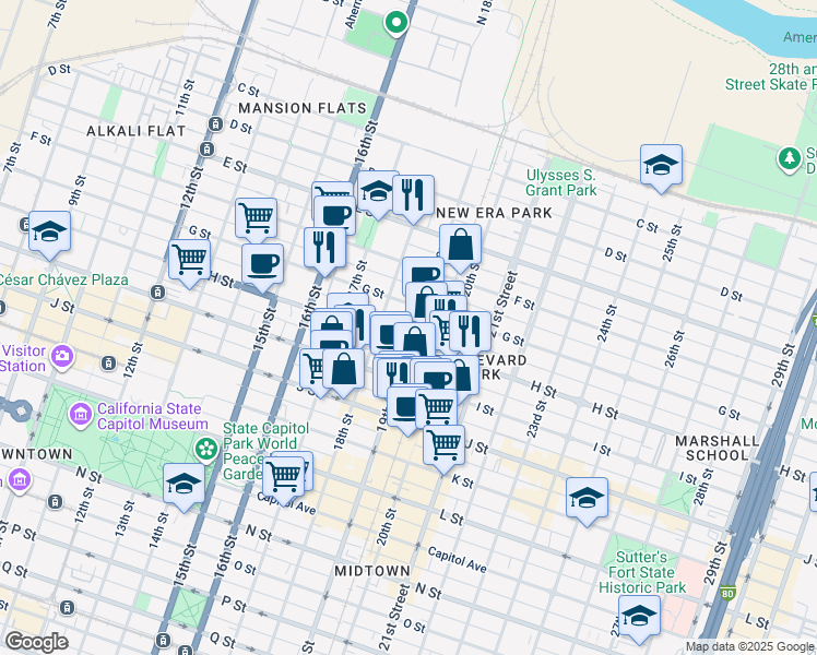 map of restaurants, bars, coffee shops, grocery stores, and more near 1820 G Street in Sacramento
