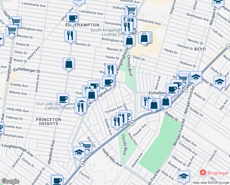 map of restaurants, bars, coffee shops, grocery stores, and more near 4766 Rosa Avenue in St. Louis