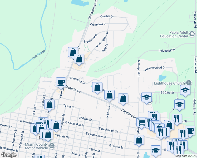 map of restaurants, bars, coffee shops, grocery stores, and more near 801 Redbud Circle in Paola
