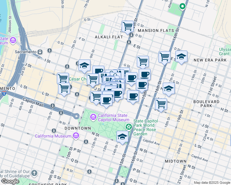 map of restaurants, bars, coffee shops, grocery stores, and more near in Sacramento