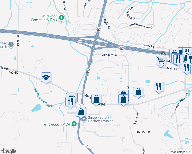 map of restaurants, bars, coffee shops, grocery stores, and more near 2520 Viola Gill Lane in Wildwood