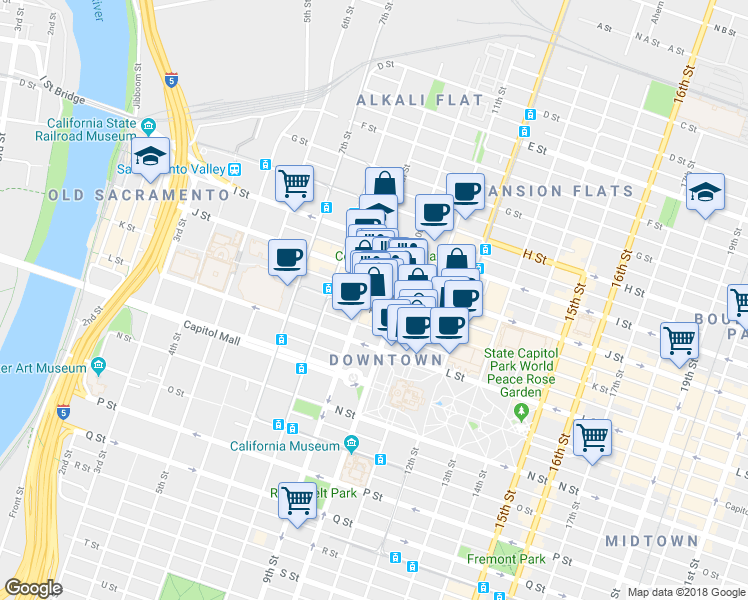 map of restaurants, bars, coffee shops, grocery stores, and more near 911 K Street in Sacramento
