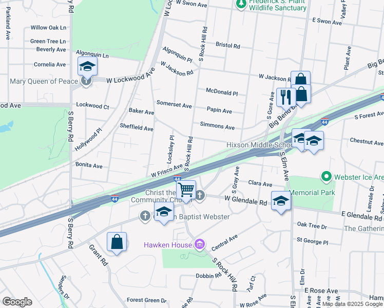 map of restaurants, bars, coffee shops, grocery stores, and more near 629 South Rock Hill Road in Webster Groves