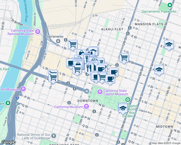 map of restaurants, bars, coffee shops, grocery stores, and more near 831 K Street in Sacramento