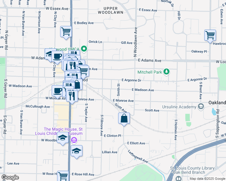 map of restaurants, bars, coffee shops, grocery stores, and more near 332 East Madison Avenue in Kirkwood