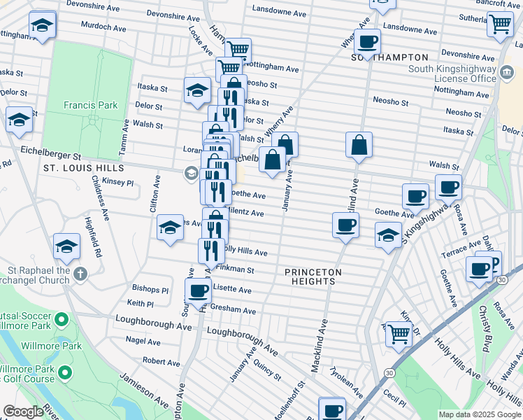 map of restaurants, bars, coffee shops, grocery stores, and more near 5637 Milentz Avenue in St. Louis
