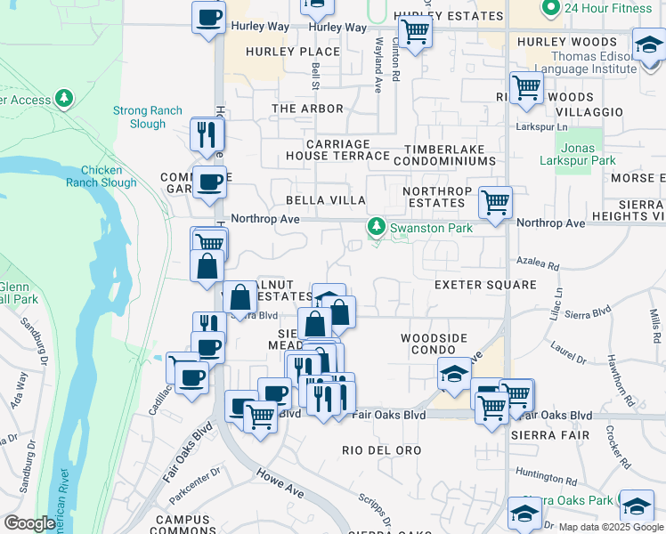 map of restaurants, bars, coffee shops, grocery stores, and more near 800 Woodside Lane East in Sacramento