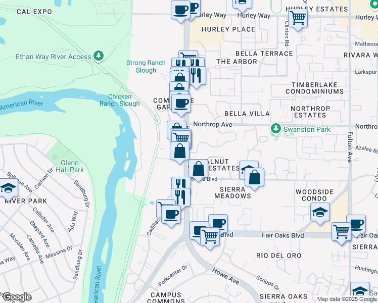 map of restaurants, bars, coffee shops, grocery stores, and more near 2229 Woodside Lane in Sacramento