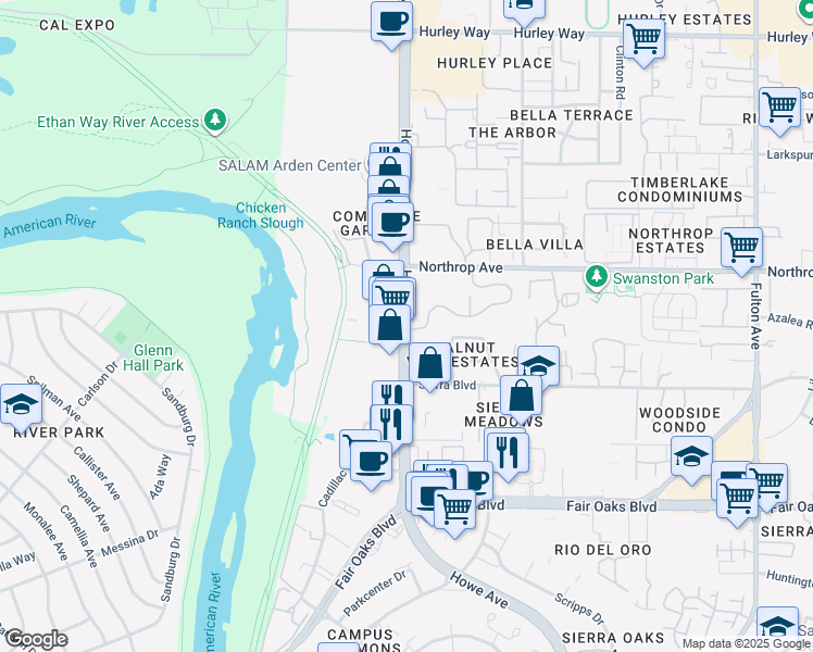 map of restaurants, bars, coffee shops, grocery stores, and more near in Arden-Arcade