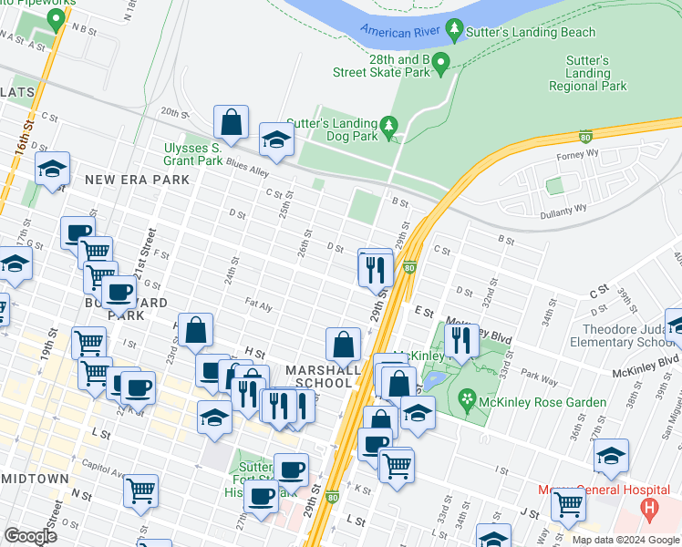 map of restaurants, bars, coffee shops, grocery stores, and more near 2721 Democracy Alley in Sacramento