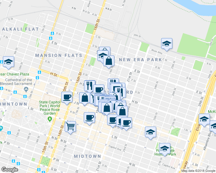 map of restaurants, bars, coffee shops, grocery stores, and more near 1931 H Street in Sacramento